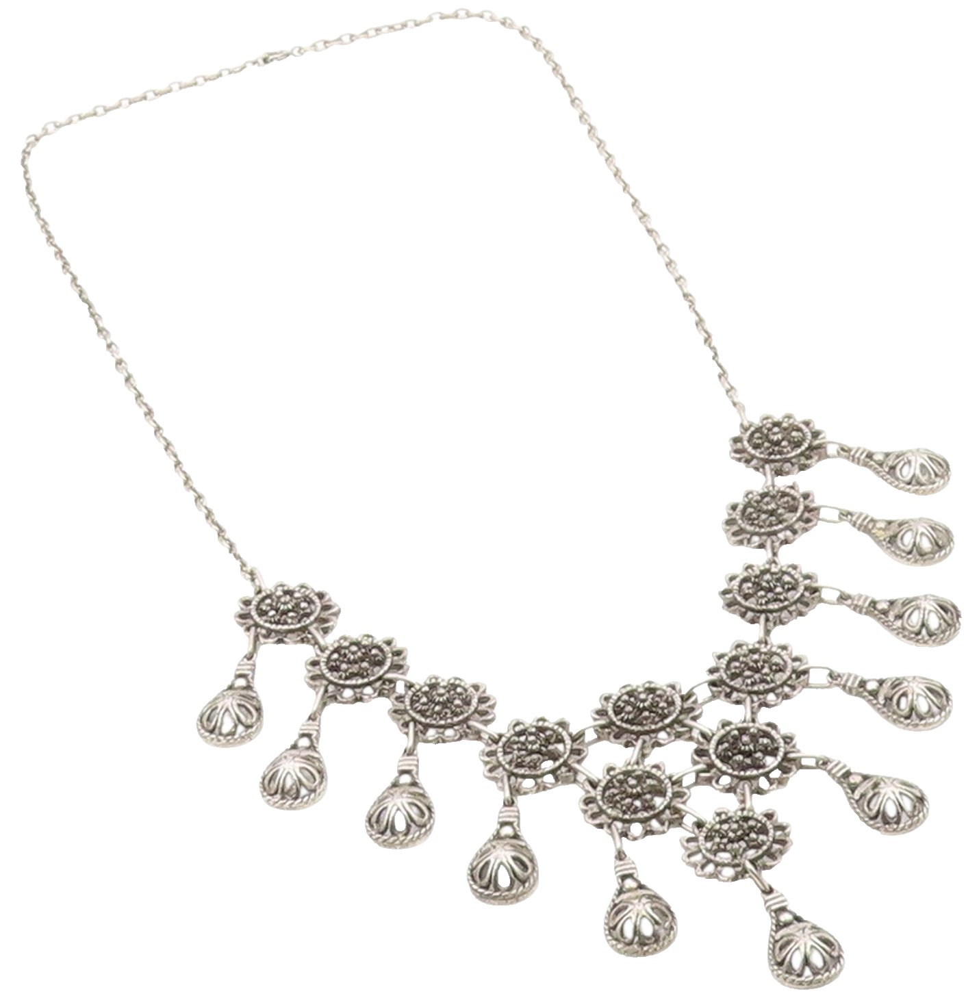 925 Sterling Silver  Vintage Dark Tone Floral Motif Chain Necklace  NE3566