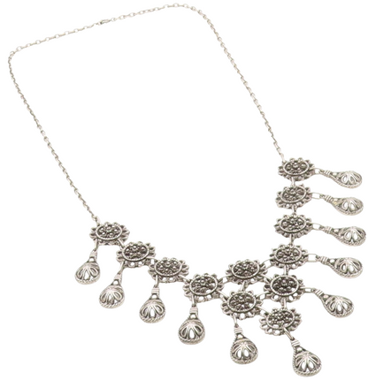 925 Sterling Silver  Vintage Dark Tone Floral Motif Chain Necklace  NE3566