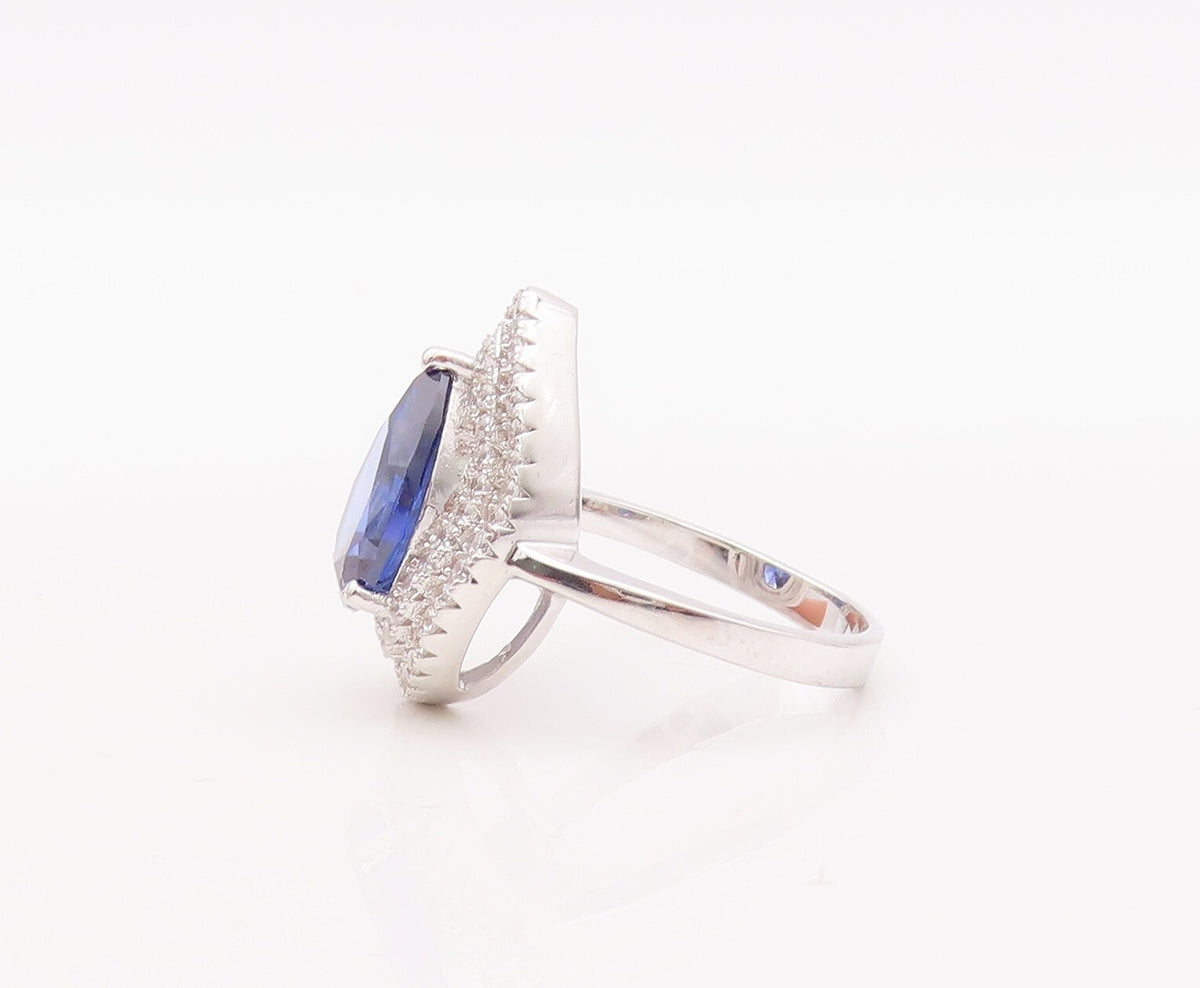 925 Sterling Silver Vintage Ring Drop Cut Sapphire Halo CZ Bands Sz 7 RG29305