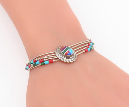 925 Sterling Silver Vintage Bracelet SOUTHWESTERN Multi Gemstone Inlay BT11526