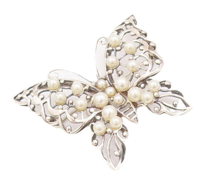 925 Sterling Silver Vintage Brooch Pin Swirly Cut Beaded Pearl Butterfly BP10820