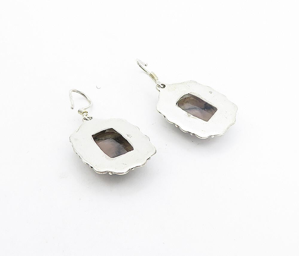 925 Sterling Silver  Vintage Cabochon Cut Agate Floral Dangle Earrings  EG3776