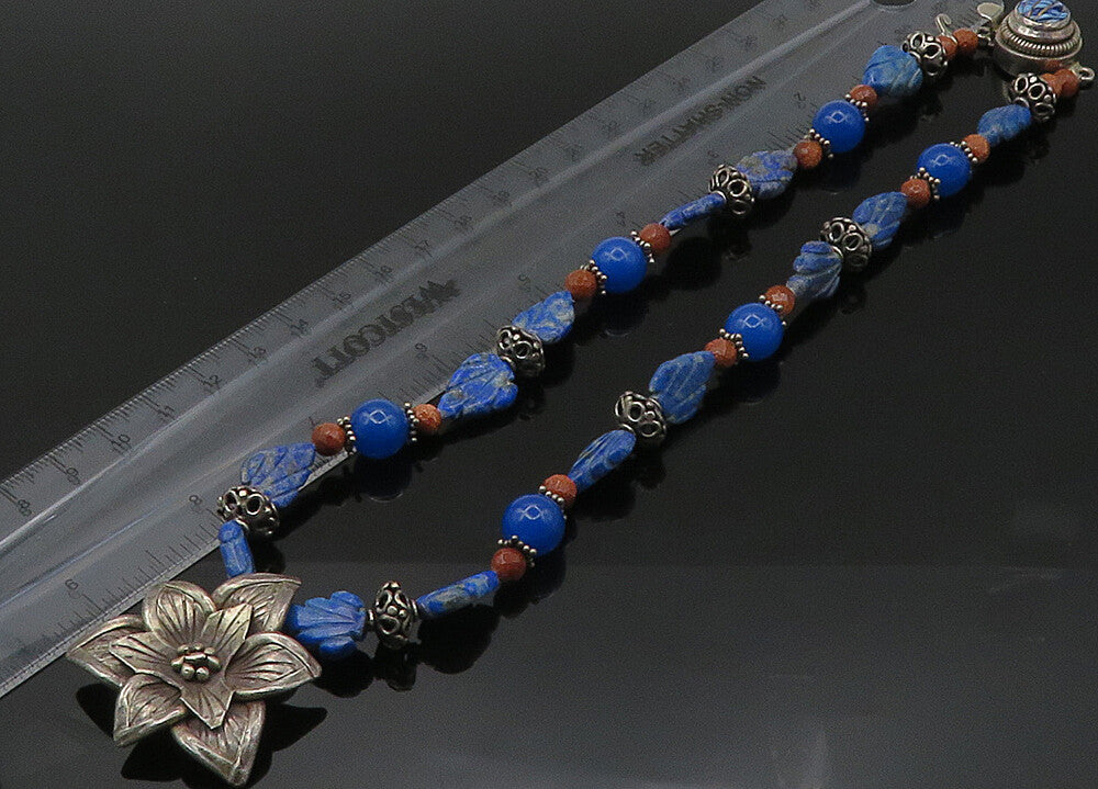925 Silver  Vintage Lapis Lazuli Sodalite & Goldstone Chain Necklace  NE3529
