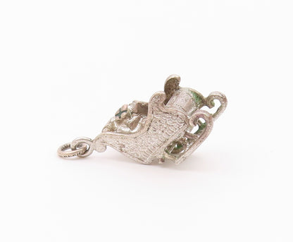 925 Sterling Silver  Vintage Oxidized Santa's Christmas Sleigh Pendant  PT6263