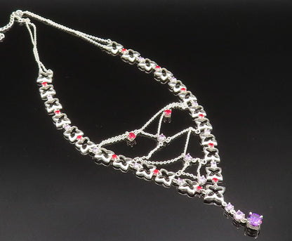 925 Sterling Silver  Vintage Amethyst & Spinel Cross Cutout Necklace  NE3868