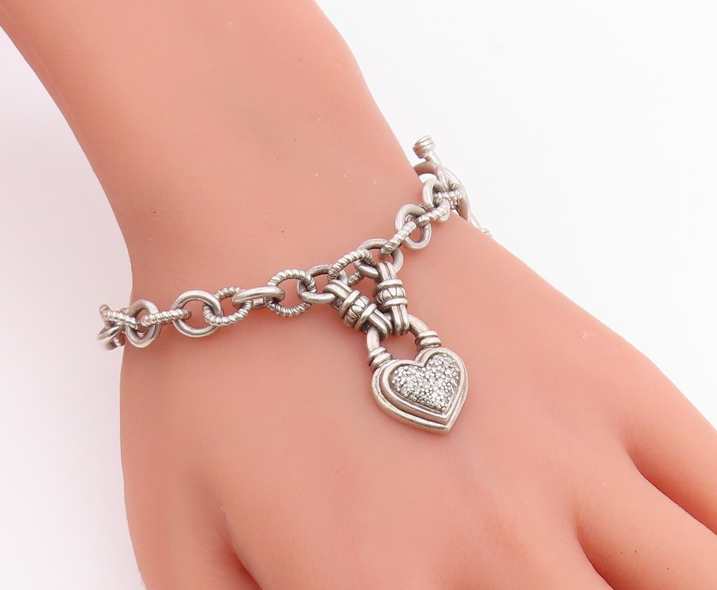 925 Sterling Silver Vintage Bracelet Real Diamonds Love Heart Toggle  BT12223