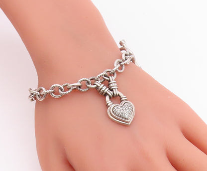 925 Sterling Silver Vintage Bracelet Real Diamonds Love Heart Toggle  BT12223