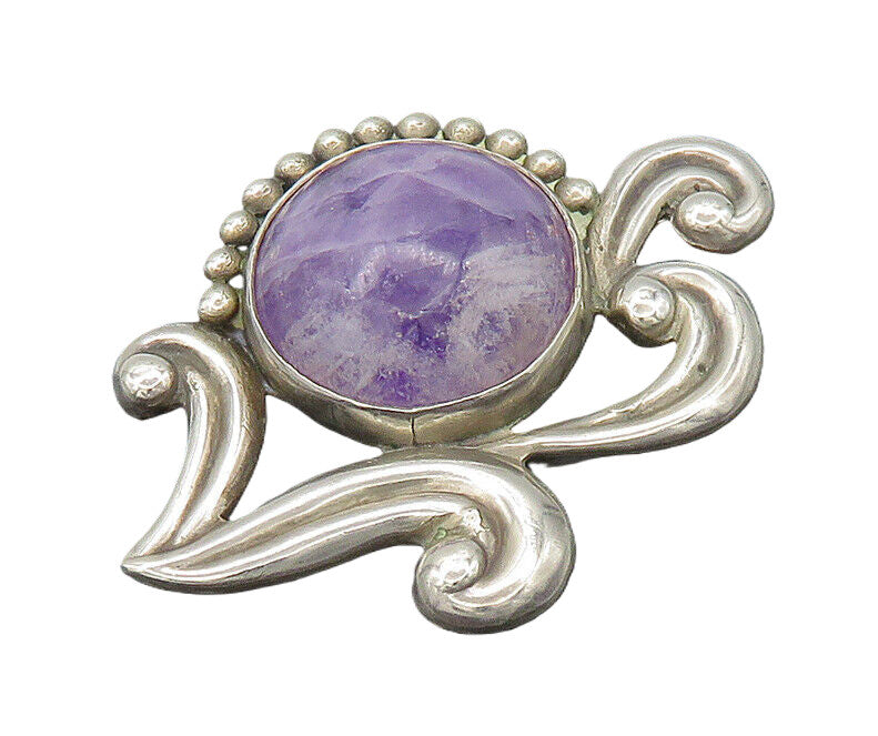 LOS CASTILLO MEXICO 925 Silver  Vintage Cabochon Amethyst Brooch Pin  BP8147