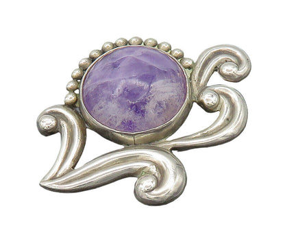 LOS CASTILLO MEXICO 925 Silver  Vintage Cabochon Amethyst Brooch Pin  BP8147