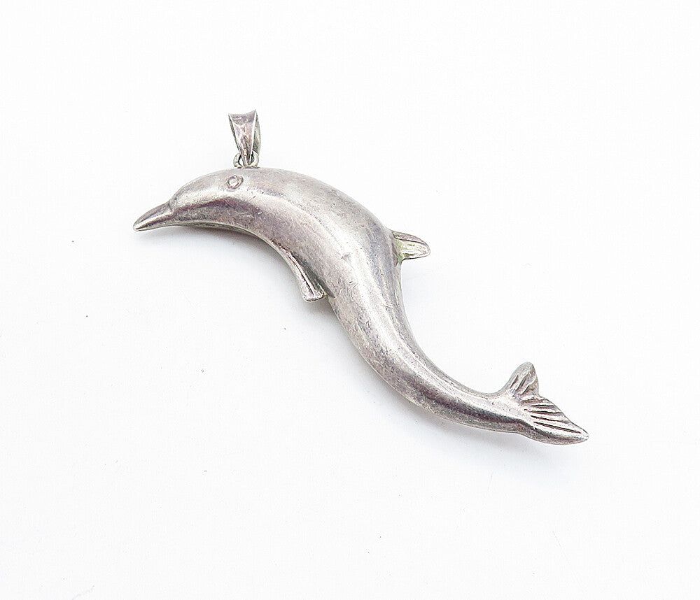 925 Sterling Silver  Vintage Dark Tone Hollow Swimming Dolphin Pendant  PT5142