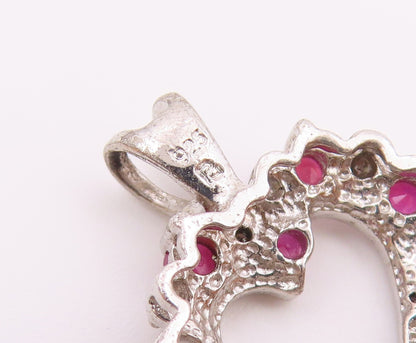 925 Sterling Silver Vintage Genuine Diamonds & Ruby Love Heart Pendant PT20093
