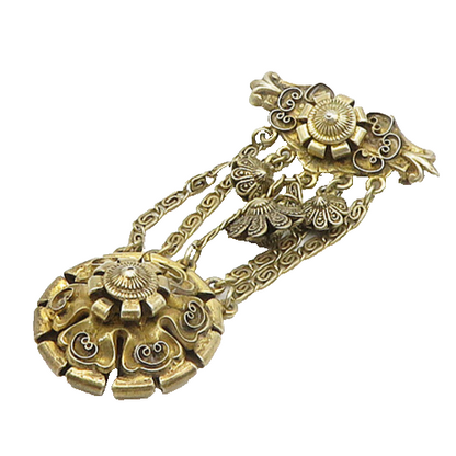 925 Sterling Silver  Vintage Floral Pretzel Swirl Chained Brooch Pin  BP7384