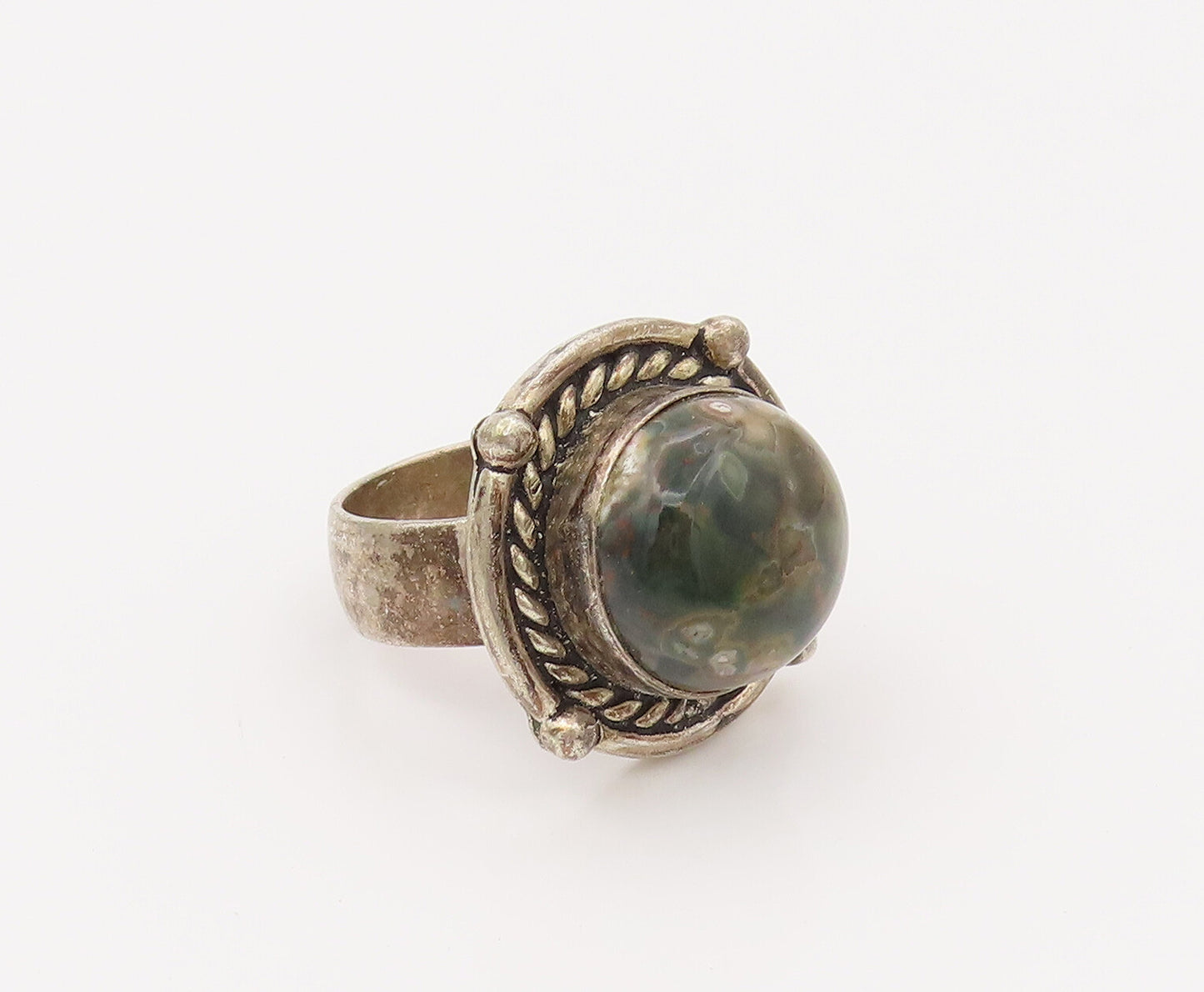 925 Silver  Vintage Green Ocean Jasper Twisted Rope Halo Ring Sz 7  RG26625