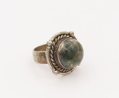 925 Silver  Vintage Green Ocean Jasper Twisted Rope Halo Ring Sz 7  RG26625