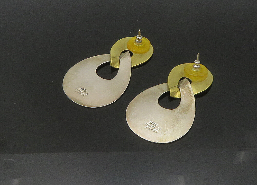 MEXICO 925 Silver  Vintage Shiny Two Tone Linked Dangle Earrings  EG10518