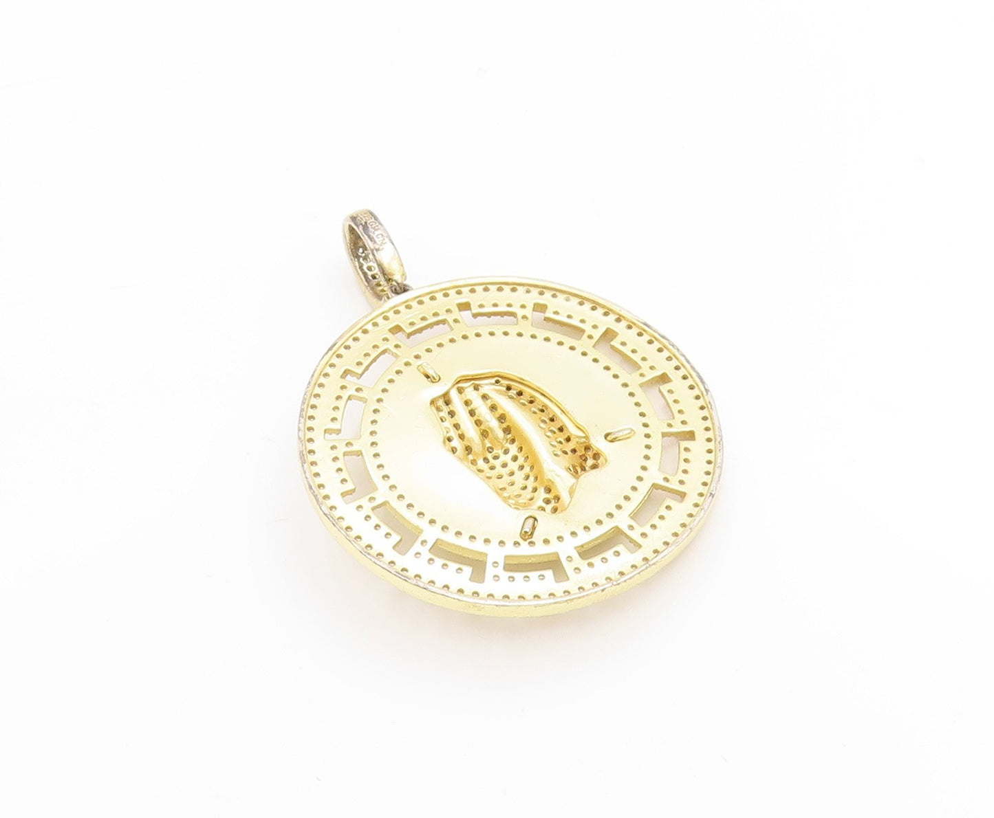 925 Sterling Silver Vintage Pendant Gold Plated CZ Praying Hands Medal   PT25259