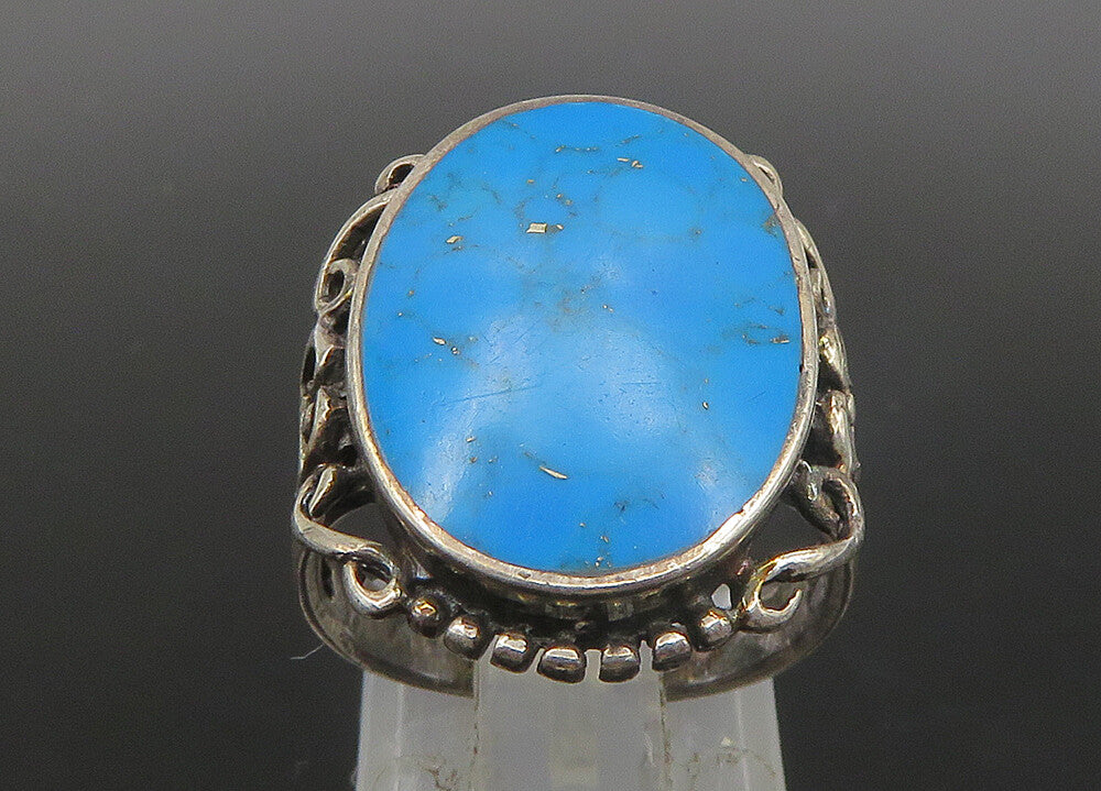 925 Silver  Vintage Turquoise Pretzel Swirl Detail Cocktail Ring Sz 7  RG23581