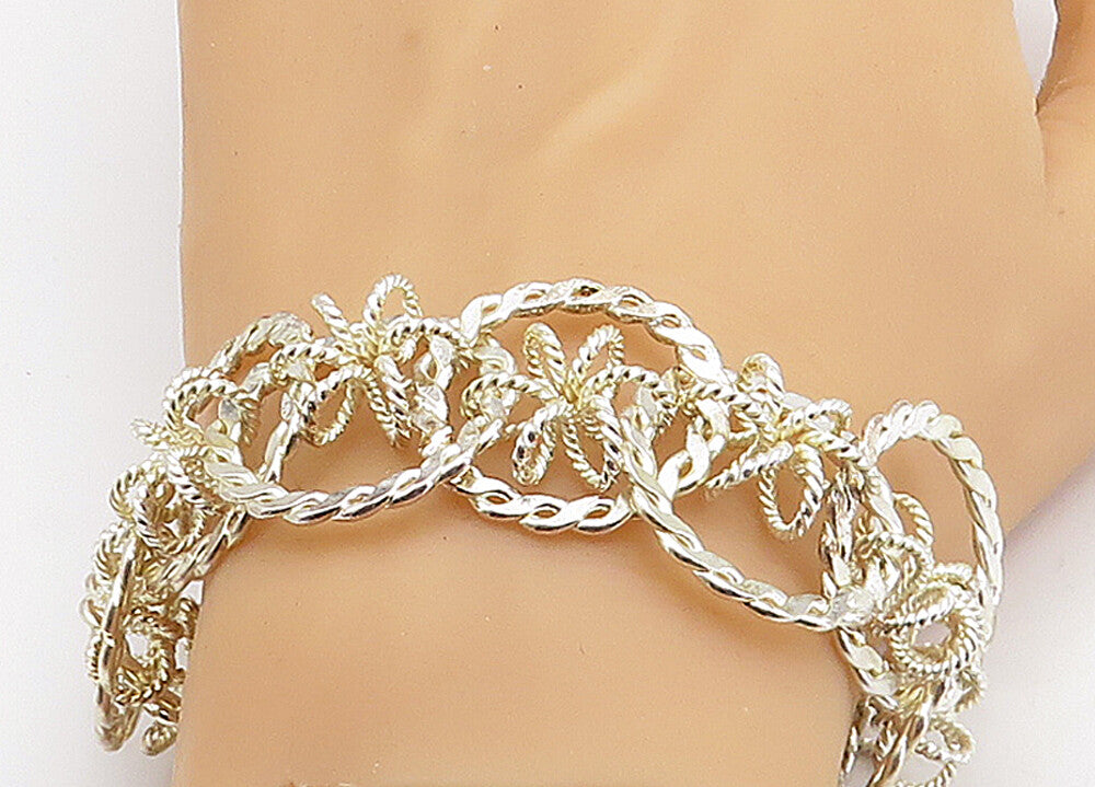 925 Sterling Silver  Polished Open Circle Floral Twist Chain Bracelet  BT1619