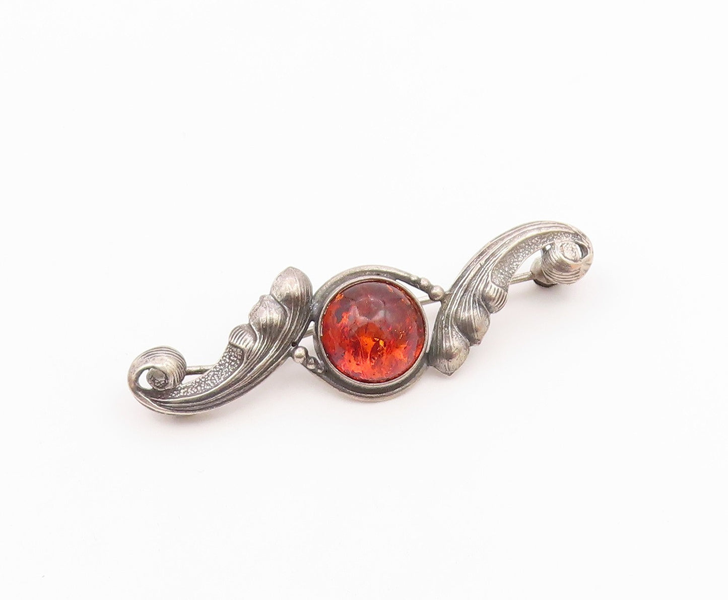 POLAND 925 Sterling Silver  Vintage Cabochon Amber Swirl Brooch Pin  BP9318