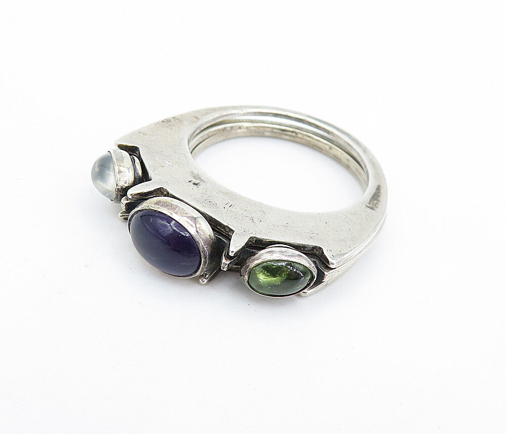 DESIGNER 925 Silver  Vintage Amethyst Topaz & Peridot Stacked Ring Sz 8 RG7688