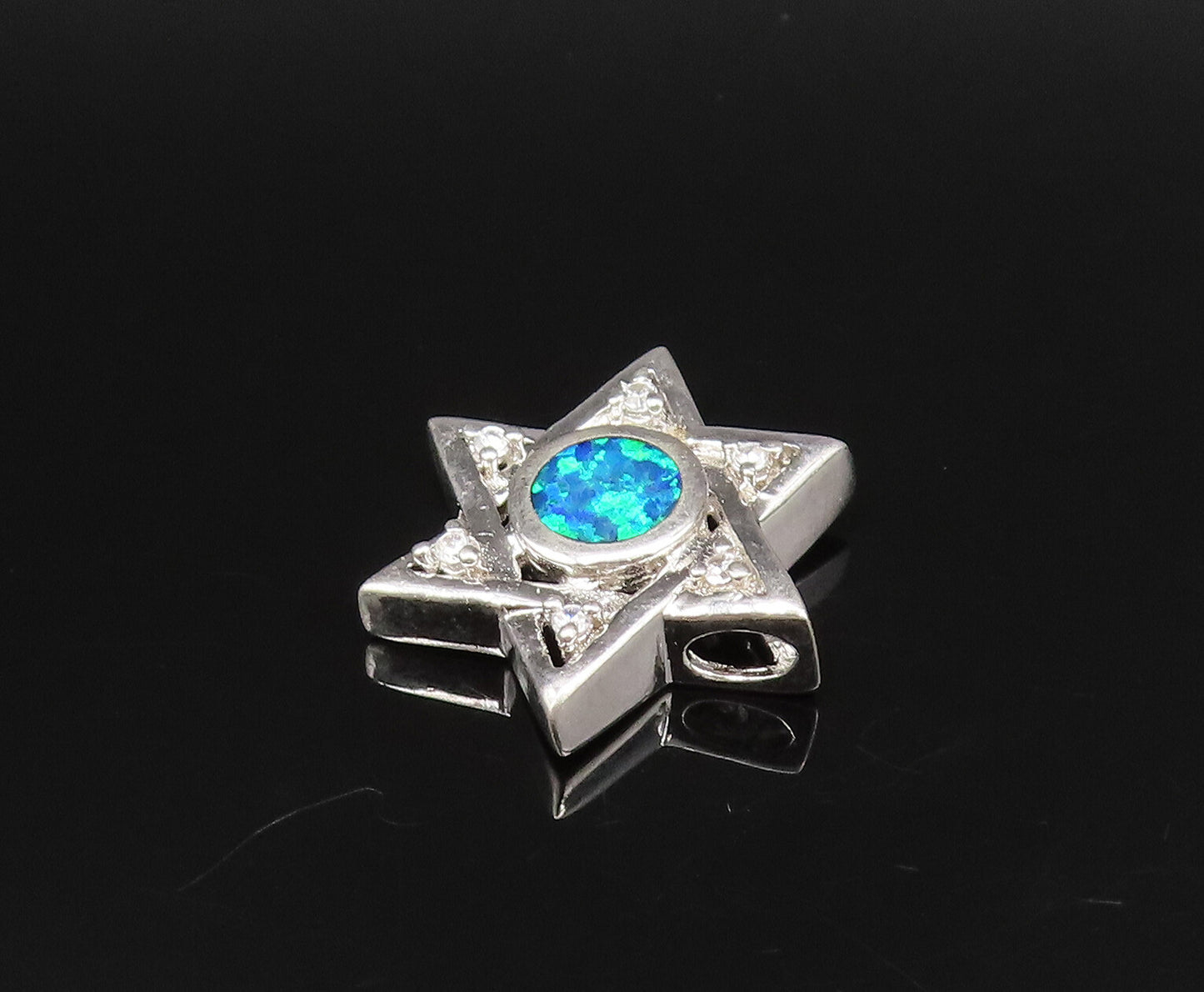 925 Sterling Silver Vintage Inlaid Blue Fire Opal & Topaz Star Pendant PT21553