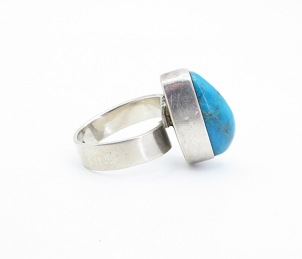 925 Sterling Silver  Vintage Turquoise Shiny Oval Cocktail Ring Sz 8.5  RG7160