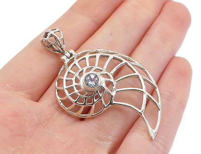 925 Sterling Silver  Shiny Blue Topaz Shiny Open Snail Swirl Pendant  PT6096