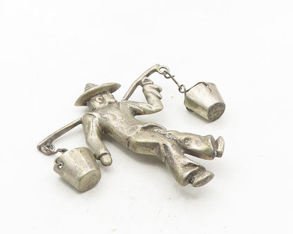 925 Sterling Silver  Vintage Dark Tone Man Carrying Buckets Brooch Pin  BP3918