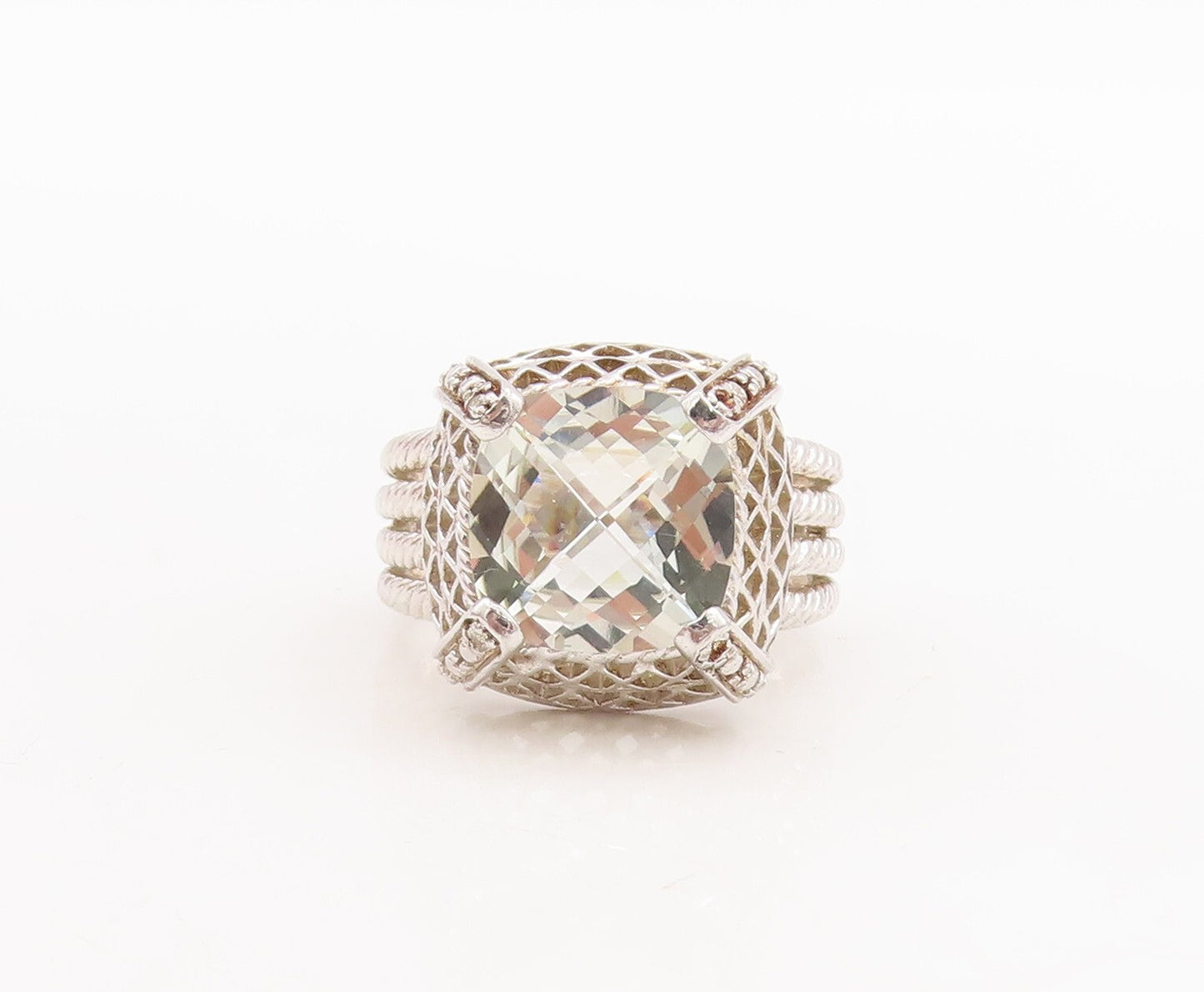 925 Sterling Silver Vintage Ring Square Green Amethyst Carved Roped Sz 7 RG29360