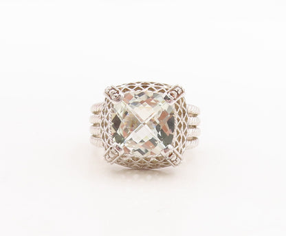 925 Sterling Silver Vintage Ring Square Green Amethyst Carved Roped Sz 7 RG29360