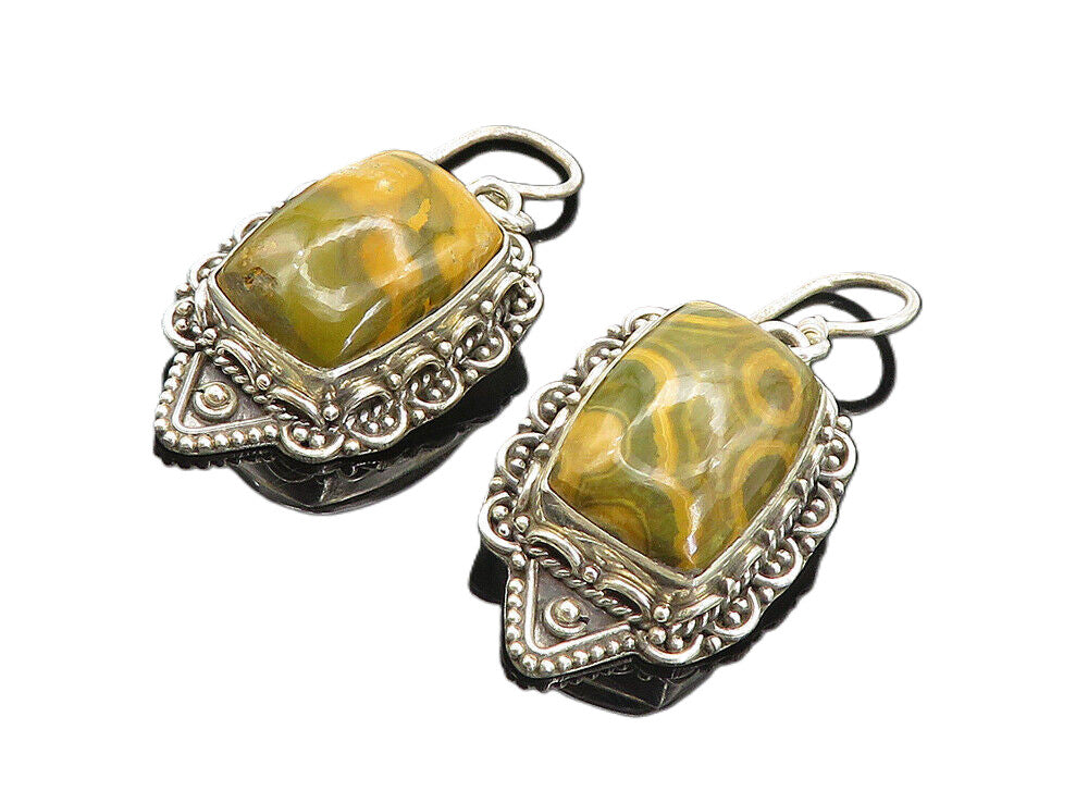 925 Sterling Silver  Vintage Cabochon Cut Agate Swirl Dangle Earrings  EG3710