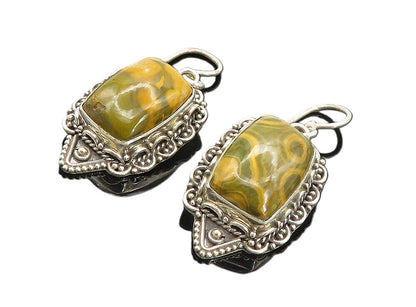 925 Sterling Silver  Vintage Cabochon Cut Agate Swirl Dangle Earrings  EG3710