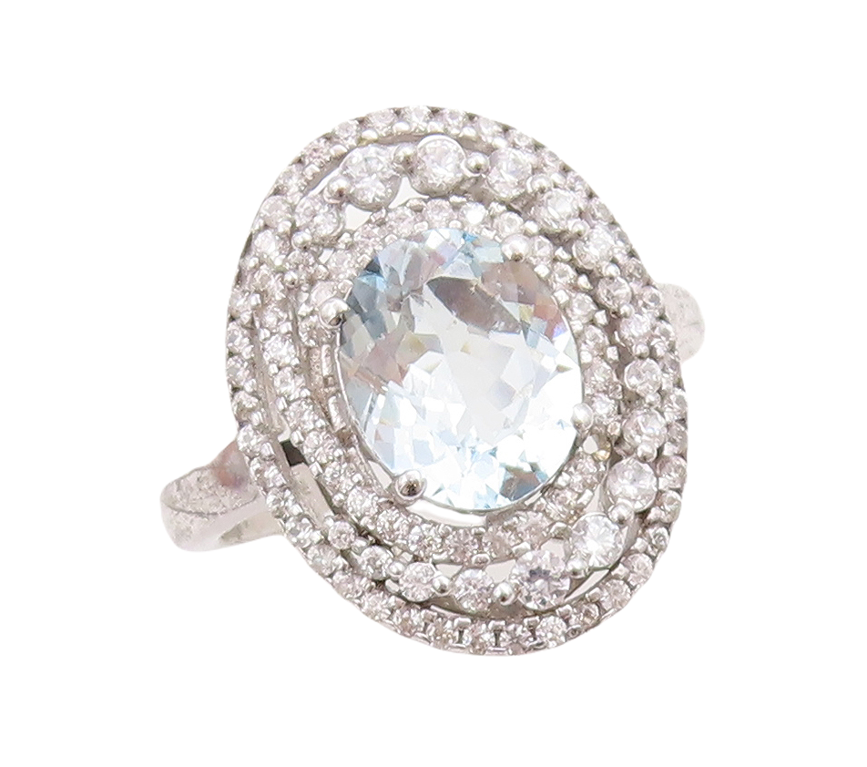 925 Sterling Silver Vintage Ring Oval Blue Halo White Topaz Inlay Sz 8.5 RG30529