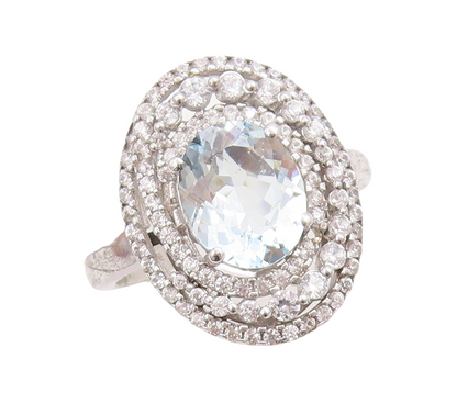 925 Sterling Silver Vintage Ring Oval Blue Halo White Topaz Inlay Sz 8.5 RG30529