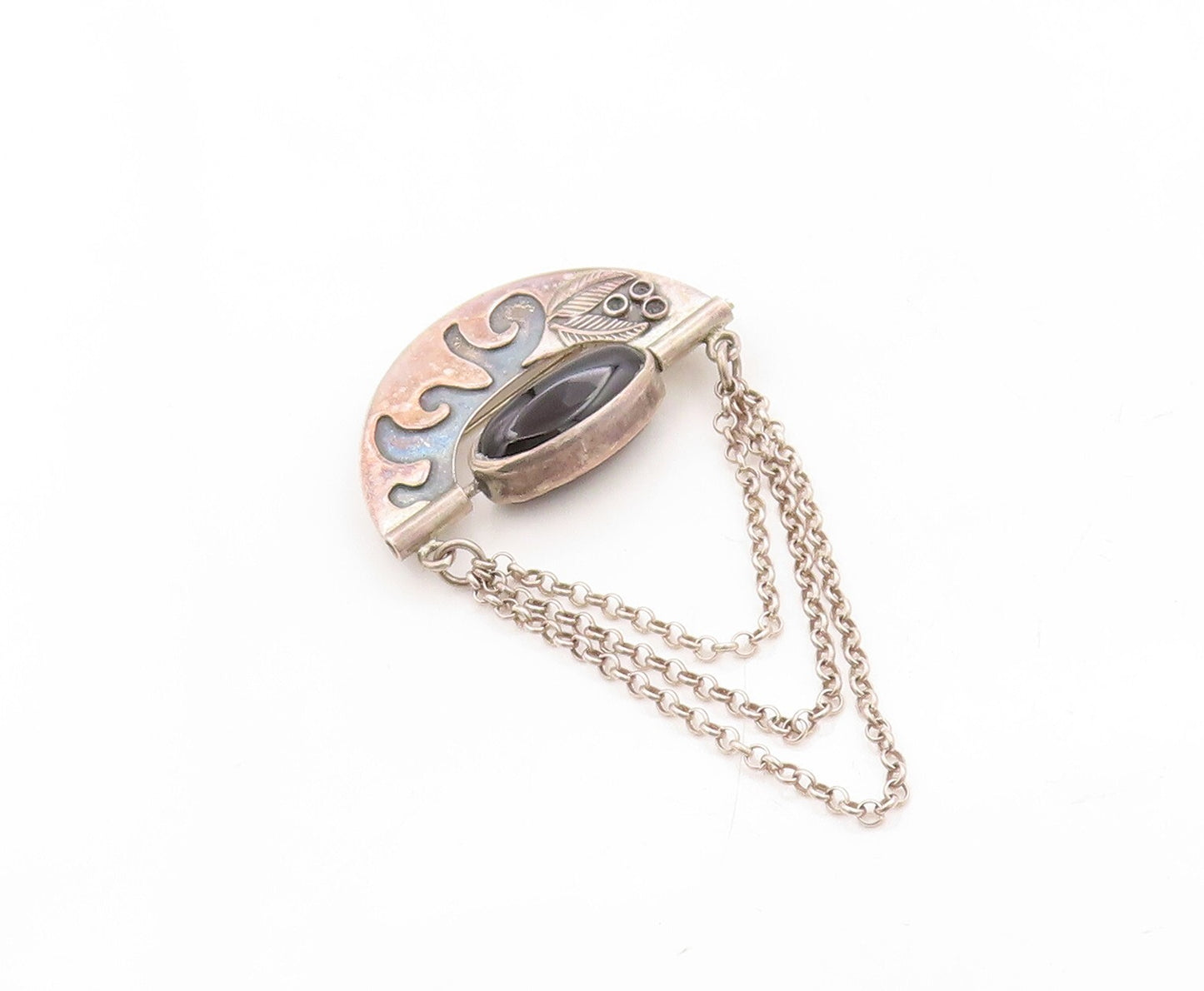 925 Sterling Silver Vintage Brooch Pin Designer Oval Onyx & Gemstone  BP11312