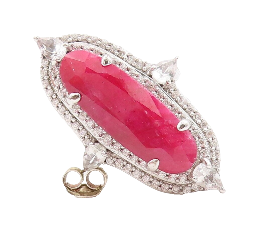 925 Sterling Silver Vintage Ring Large Oval Ruby Halo Topaz  Sz 7.5  RG29665