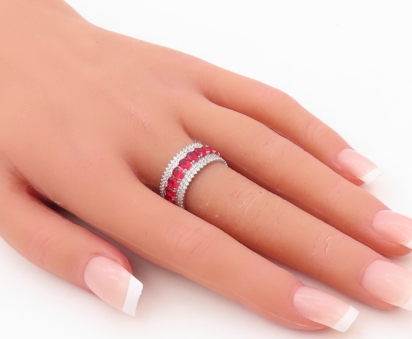 925 Sterling Silver Vintage Ring Oval Cut Red & White CZ 360 Band  Sz 7  RG30499