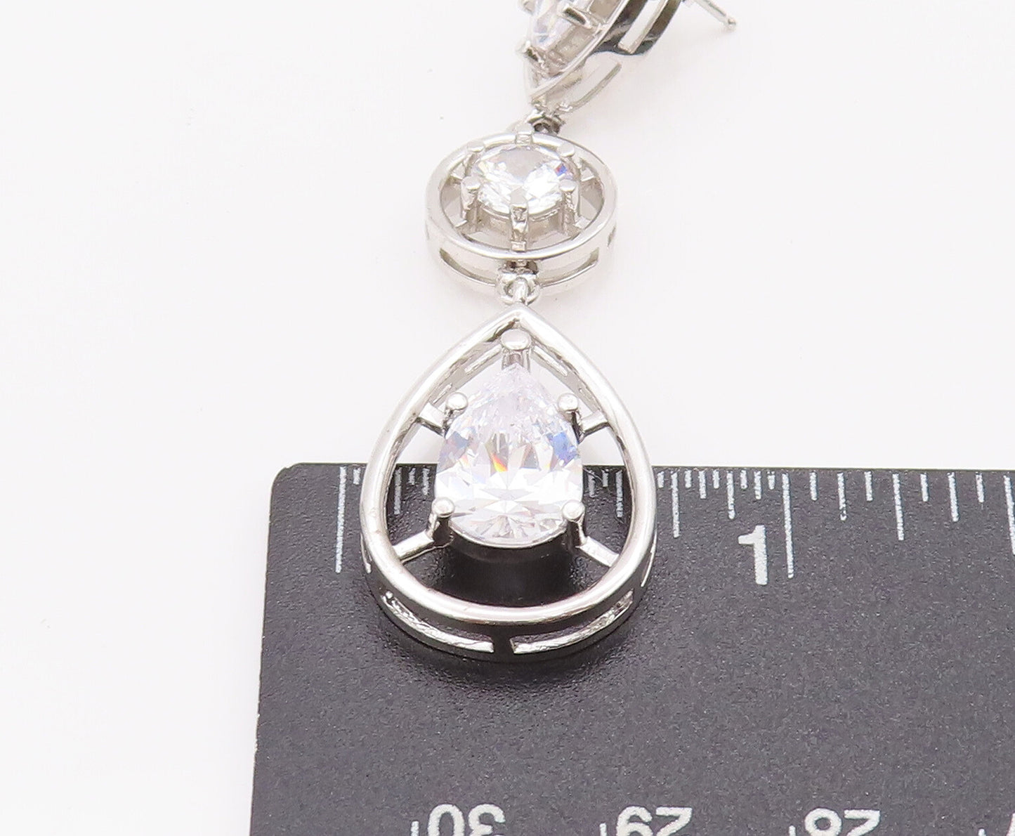 925 Sterling Silver Vintage Earrings Cutout Border Round & Pear Drop CZ  EG12807