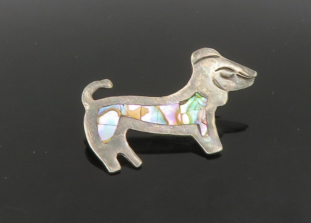 MEXICO 925 Sterling Silver  Vintage Abalone Shell Dog Motif Brooch Pin  BP8929
