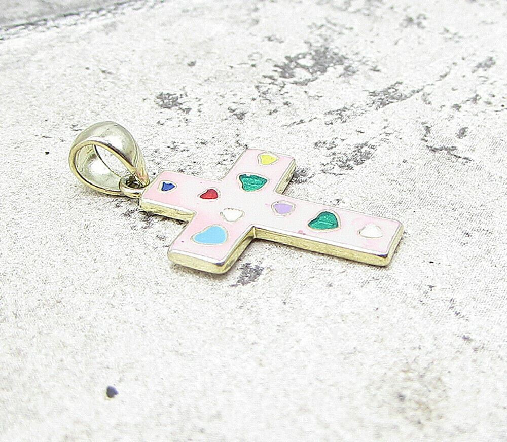 Gold Over 925 Sterling Silver Love Hearts Enamel Cross Drop Pendant PT1200
