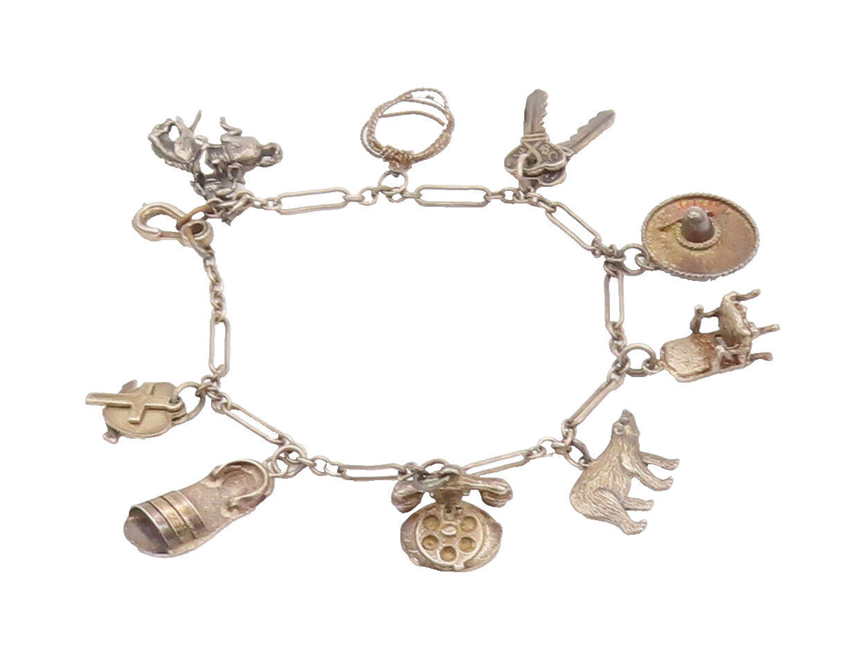 925 Sterling Silver Vintage Bracelet Wild West Old America Link Charm  BT10192