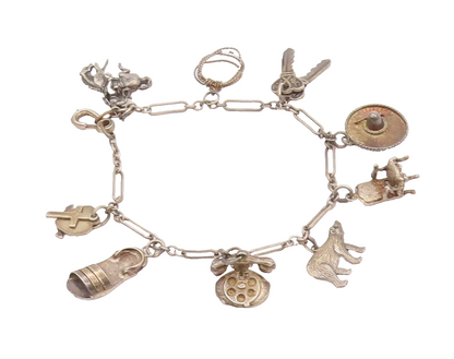 925 Sterling Silver Vintage Bracelet Wild West Old America Link Charm  BT10192