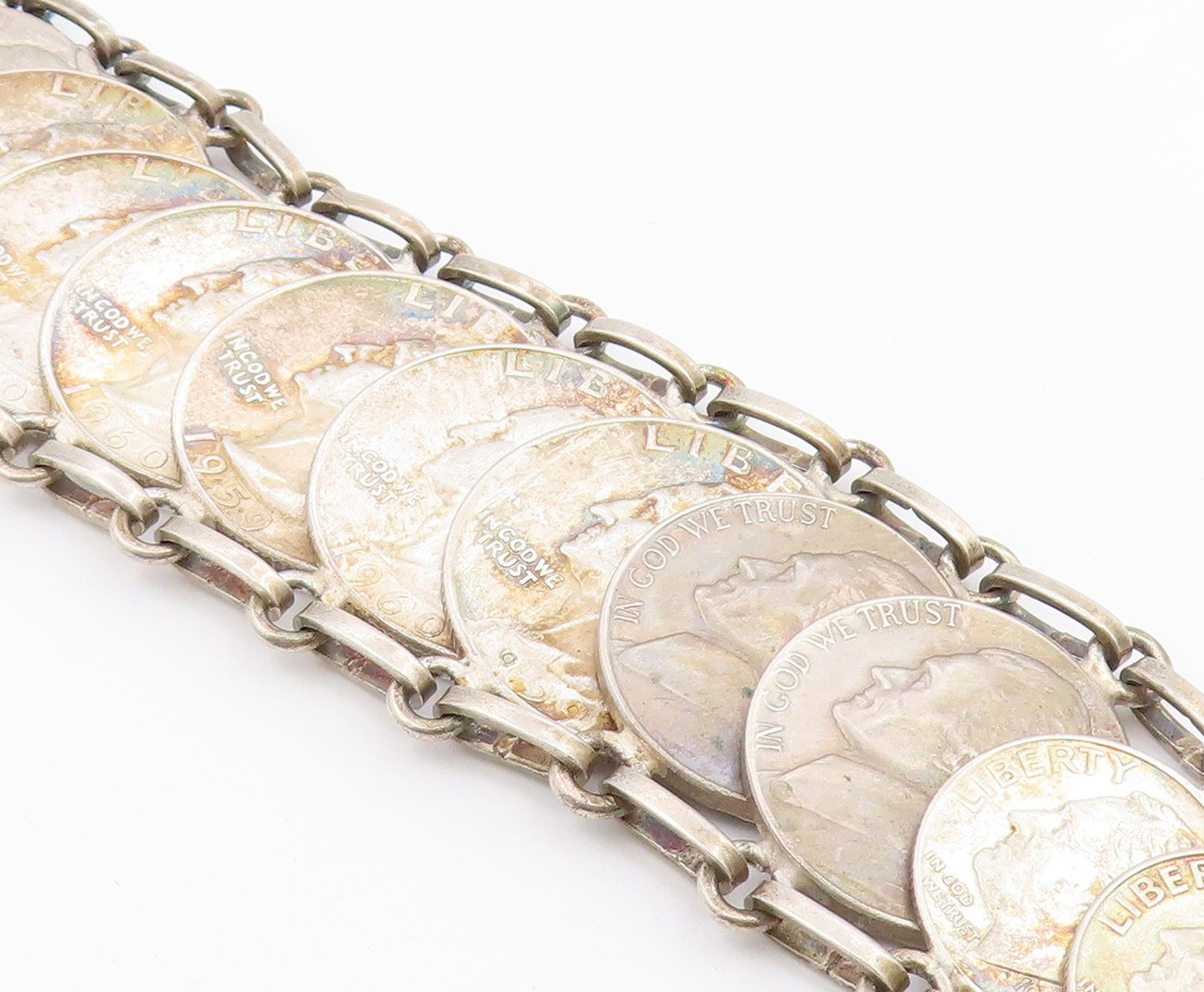 925 Sterling Silver Vintage Bracelet Articulated Liberty Multi Coin Link BT12157