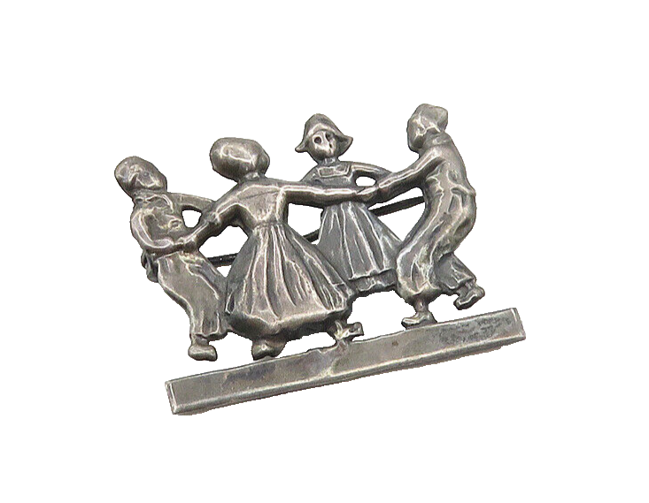 925 Sterling Silver  Vintage Oxidized Children Playing Brooch Pin  BP6820