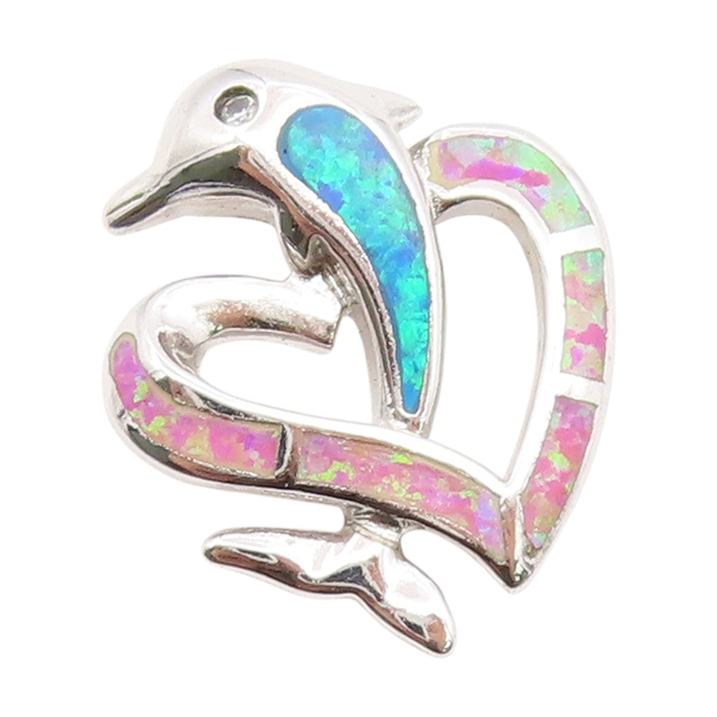 925 Sterling Silver Vintage Pendant Fire Opal Inlay Dolphin & Love Heart PT25977