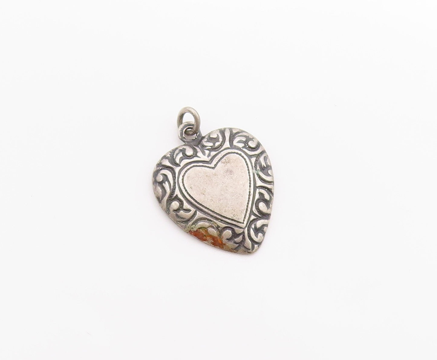 925 Sterling Silver Vintage Pendant Dark Tone Etched Love Heart Charm  PT24982