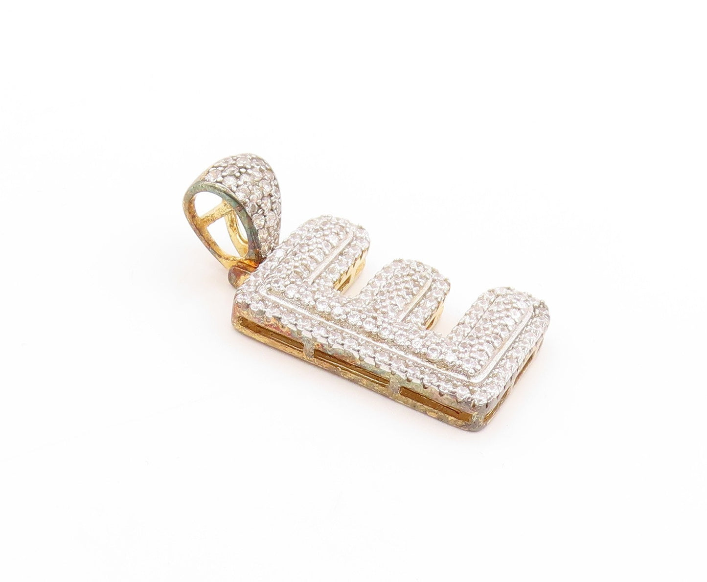 925 Sterling Silver Vintage Pendant Gold Plated CZ Clustered Alphabet E  PT25006