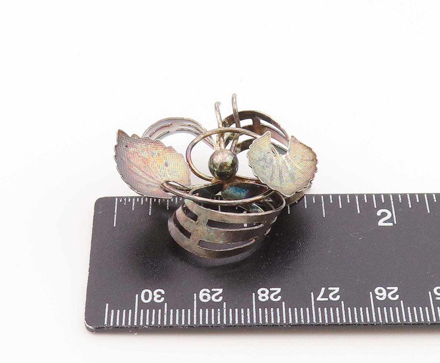 925 Sterling Silver Vintage Brooch Pin Classic Ribbon & Textured Leaf  BP12600
