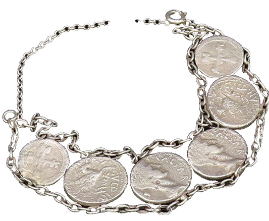 925 Sterling Silver  Vintage Double Chain Carved Coin Motif Bracelet  BT9547