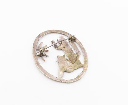 MEXICO 925 Silver  Vintage Man & Cactus Desert Scene Oval Brooch Pin  BP4729